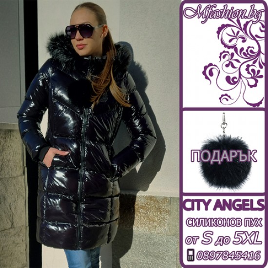 Дълго дамско яке City Angels Jeans, Черен лак, 7028